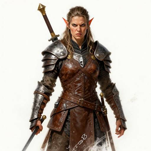 Digital artwork of a fierce, muscular, elven warrior with pointed ears, wearing dark brown leather and silver armor, holding a sword, with a serious