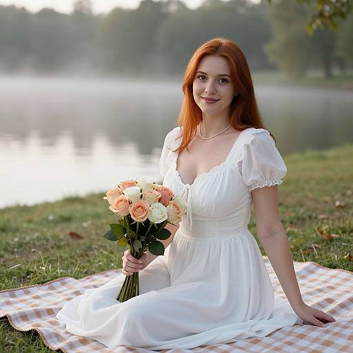 Photograph of a red-haired woman in a white dress, holding a bouquet of roses, sitting on a checkered blanket by a misty lake.