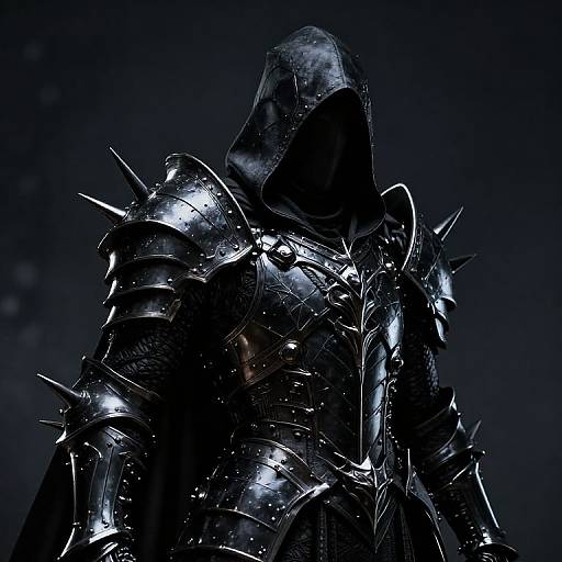 Photorealistic digital artwork of a hooded, armored warrior with spiked shoulder plates, glowing in a dark, moody blue night sky.