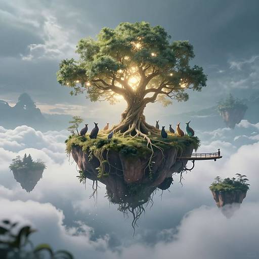 Fantastical digital painting of a floating tree island with sunlit leaves, surrounded by clouds, and perched birds, connected by a small wooden bridge