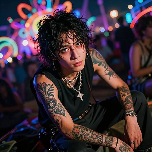 Photograph of a tattooed, black-haired man with pale skin, wearing a black sleeveless shirt and necklace, sitting in a colorful, neon-l