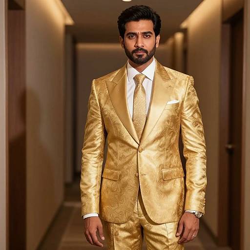Photograph of a bearded South Asian man with dark hair, wearing a shiny gold suit, white shirt, and gold tie, standing in a dim