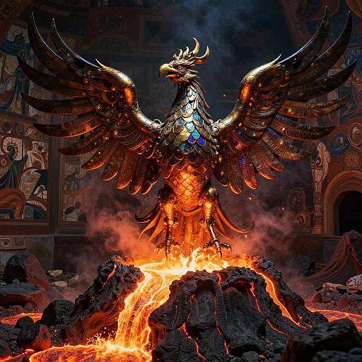 Digital art of a fiery, metallic phoenix with outstretched wings, standing on a lava-filled rock, in a dark, smoky, ornate