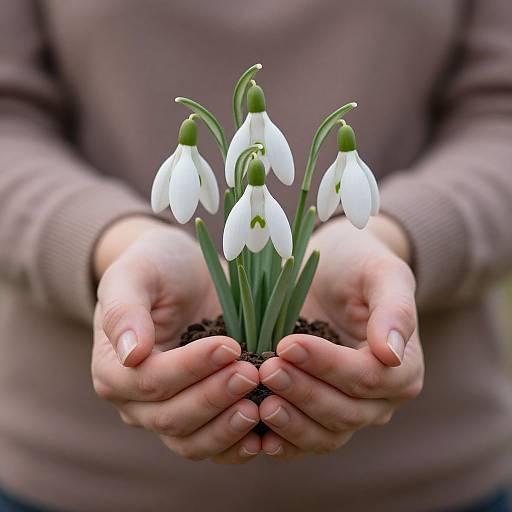 Photograph of hands cradling a small cluster of white snowdrop flowers with green stems, set against a blurred brown sweater.