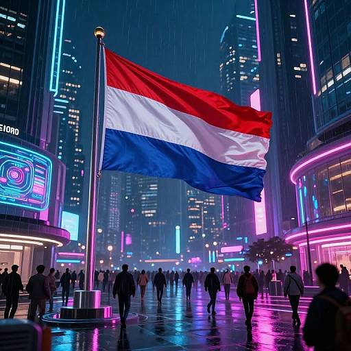 Neon-lit city night scene with a large waving Chinese flag, rain, and crowds under bright, colorful skyscraper lights. Digital art.