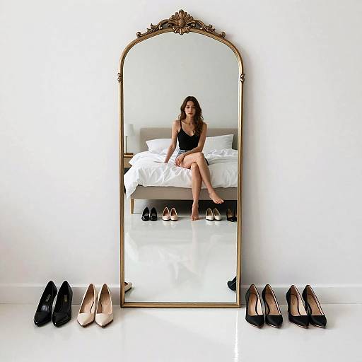 Photograph of a woman in black dress sitting on bed, reflected in ornate gold mirror, surrounded by black and beige heels on white floor.