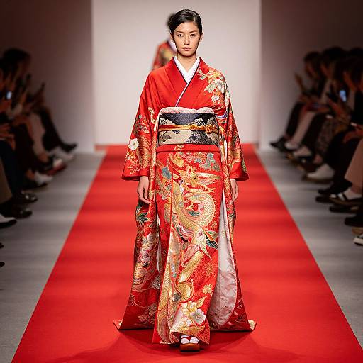 Photograph of an Asian woman in a vibrant red and gold floral kimono, walking down a red carpet runway.