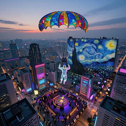 Photograph of a neon-lit cityscape at dusk, featuring a glowing figure parachuting with a colorful umbrella and a Van Gogh-style sky billboard