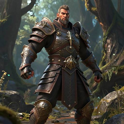 CGI fantasy image of a muscular, bearded warrior in ornate, dark metallic armor, standing in a sunlit forest with tall trees.
