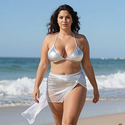 Photograph of a curvy woman with dark wavy hair, wearing a shiny silver bikini top and white sheer skirt, walking on a sunny beach with