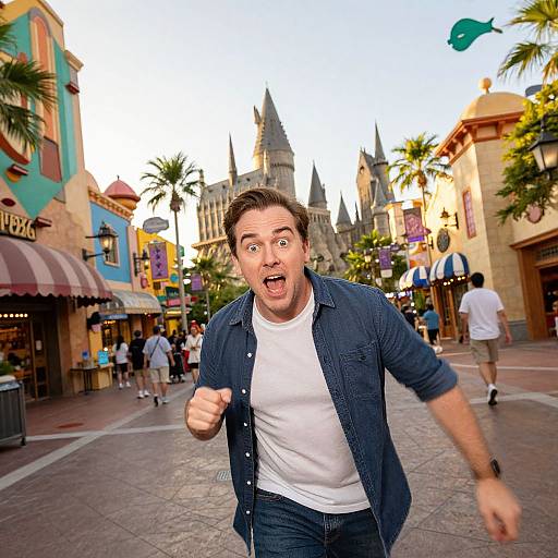 Photograph of a surprised man in a blue shirt and white t-shirt running excitedly through a colorful, palm-tree-lined theme park street with a castle