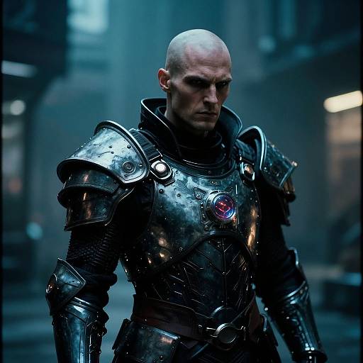Photograph of a bald, serious-looking man in shiny, dark metallic armor with red gem accents, standing in a foggy, blue-lit urban