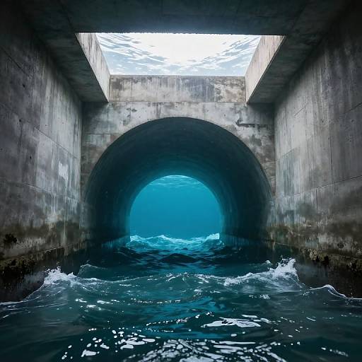 Photograph of a concrete underwater tunnel arch with bright light above, showing turbulent blue waves and dark, textured walls.