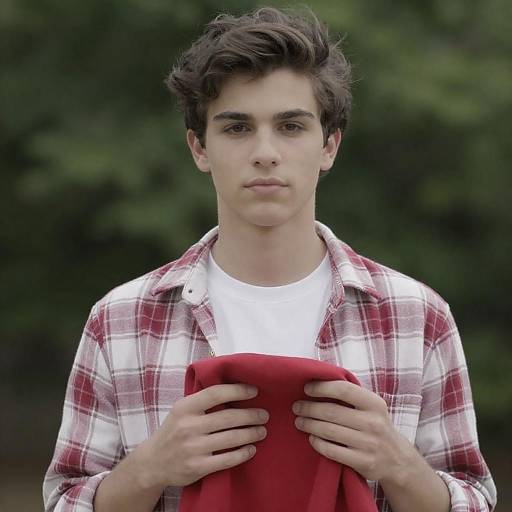 Young Man Holding Red Cloth Outdoors