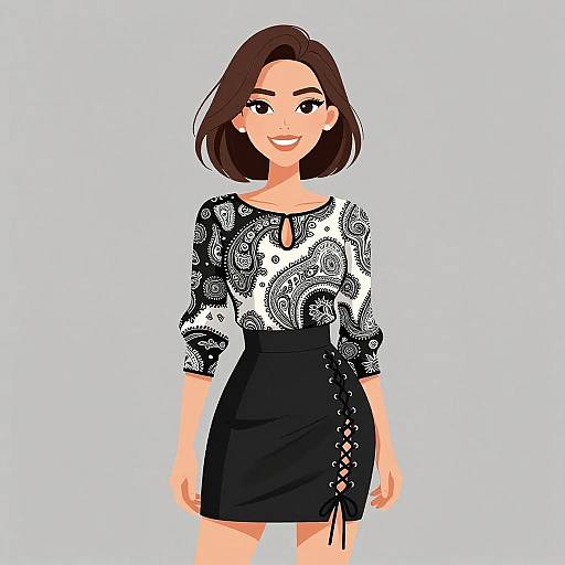 Digital illustration of a smiling woman with short brown hair, wearing a black and white patterned blouse and a black lace-up skirt.