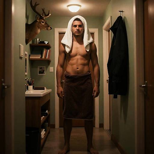 Shirtless Man in Towel in Hallway
