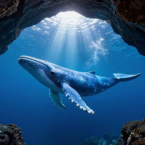 Blue whale in sunlit underwater cave