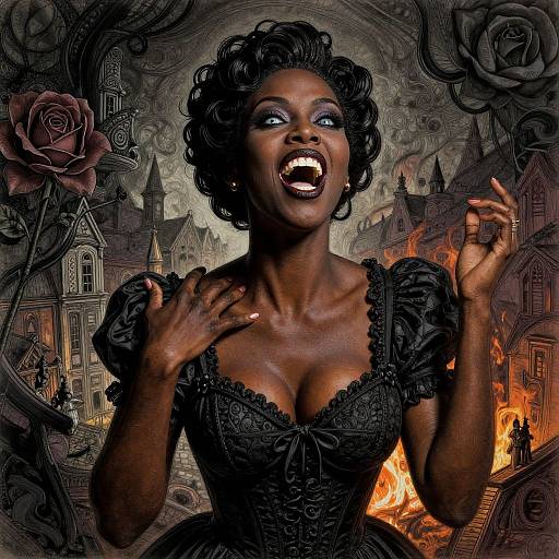 Photograph-style digital illustration of a dark-skinned woman with curly hair, laughing maniacally in a black lace dress, against a fiery, go