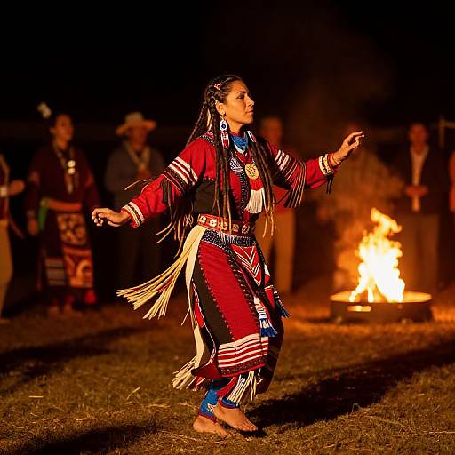 Photograph of a Native American woman dancing at night, wearing vibrant red and blue traditional attire with long braids, in front of a glowing campfire
