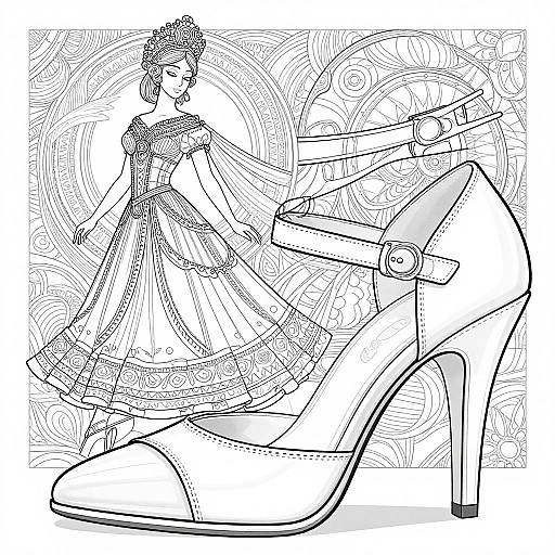 Black and white line drawing of a fashionable woman in a detailed dress next to a high-heeled shoe, set against a swirling patterned background.