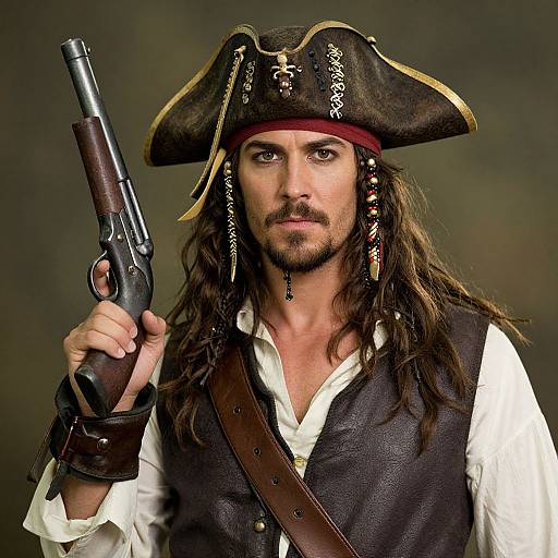Photograph of a stern-looking, long-haired pirate with a red bandana, tricorn hat, white shirt, black vest, and brown leather belt