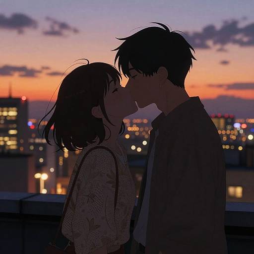 Anime Couple Kissing at Twilight Rooftop