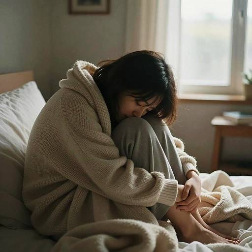 Photograph of a sad woman with medium-length dark hair, wearing a beige knitted sweater, huddled on a bed in a dimly lit room