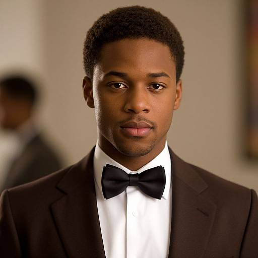 Photograph of a young Black man with short curly hair, wearing a black tuxedo and bow tie, looking directly at the camera in a softly