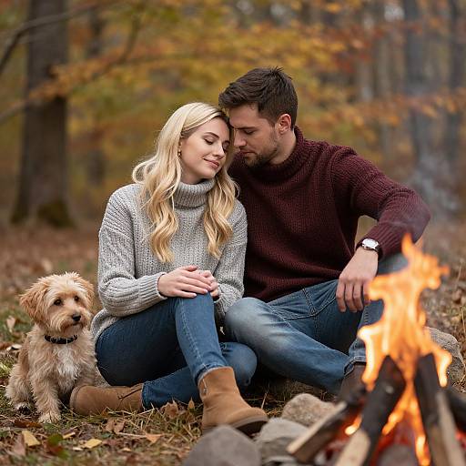 Romantic Couple with Dog by Autumn Bonfire