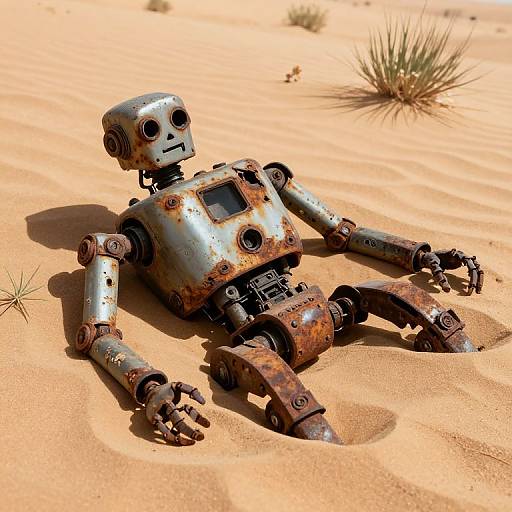 Rusty Robot Half Buried in Desert