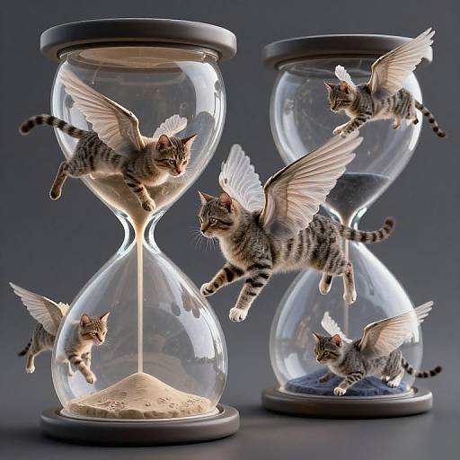 Photograph of five flying, winged tabby kittens in two glass hourglasses; one with sand, the other with blue pebbles.