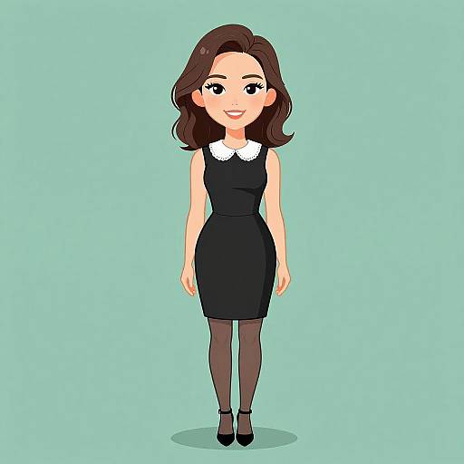 Cartoon-style digital illustration of a smiling woman with brown hair, wearing a black sleeveless dress with white collar, black tights, and black shoes
