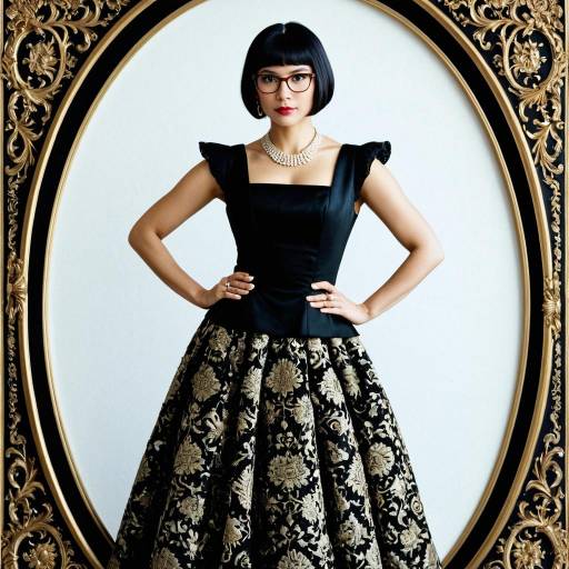Elegant Woman in Ornate Black and Gold Dress
