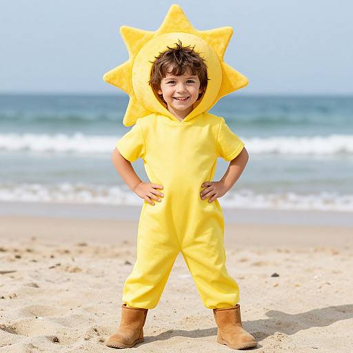 Photograph of a young boy with brown hair, smiling, standing on a sunny beach in a yellow sun costume with a star-shaped hood, brown boots