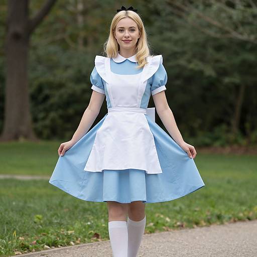Photograph of a blonde woman in a blue Alice in Wonderland-style dress with white apron, black headband, and white stockings, standing in a
