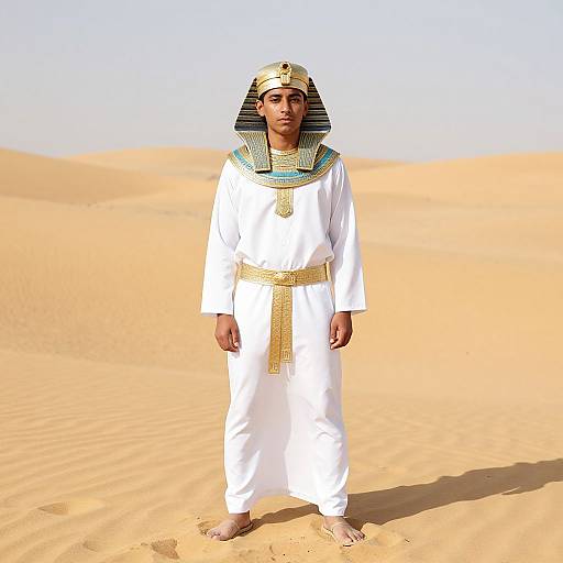 Photograph of an African man in an Egyptian pharaoh costume, white robe, gold belt, striped nemes headcloth, standing in a bright,