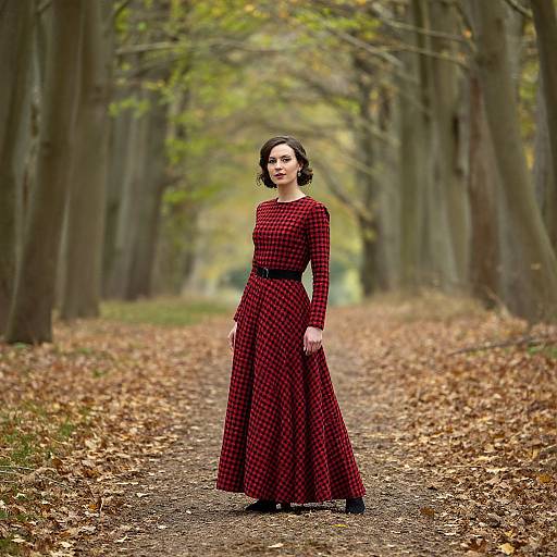 Photograph of a woman with short dark hair, wearing a red plaid long-sleeve dress and black belt, standing on a leaf-covered forest