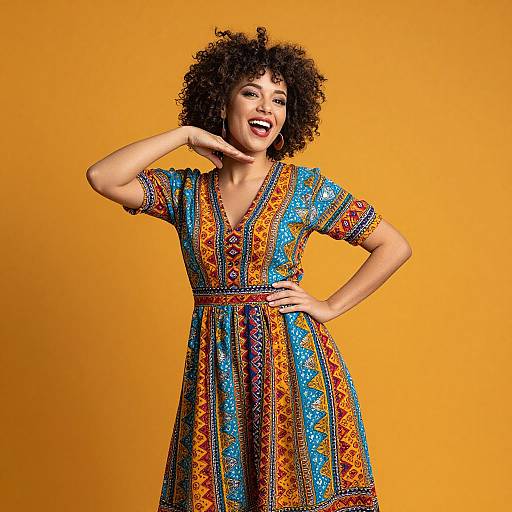 Photograph of a smiling woman with curly hair, wearing a colorful, patterned dress, posing against a bright orange background.