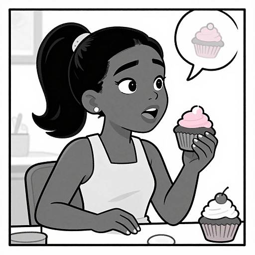 Digital comic drawing of a dark-skinned girl with a ponytail, white sleeveless top, holding a pink cupcake, speech bubble with another cup
