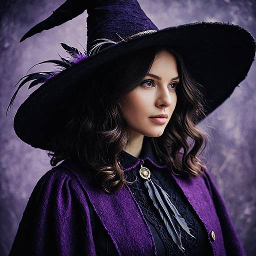 Woman in Purple Witch Costume with Wide-Brimmed Hat