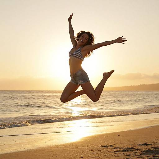 Photograph of a young woman with curly hair, jumping joyfully on a beach at sunset, wearing a striped bikini top and denim shorts, with the