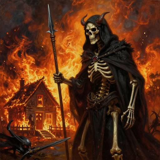 Digital artwork of a skeletal warrior with horns, black cloak, and spear, standing before a burning house with intense orange flames.