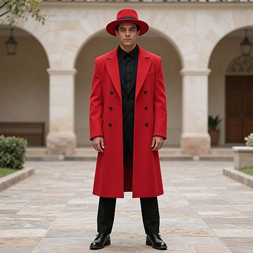 Photograph of a young man in a vibrant red coat, black shirt, and red hat, standing on a stone courtyard with arches in the background
