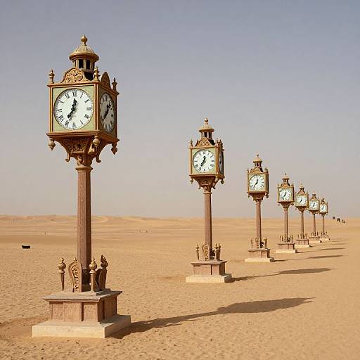 Photograph of a row of ornate, vintage-style clock towers standing in a vast, sandy desert under a clear, blue sky.