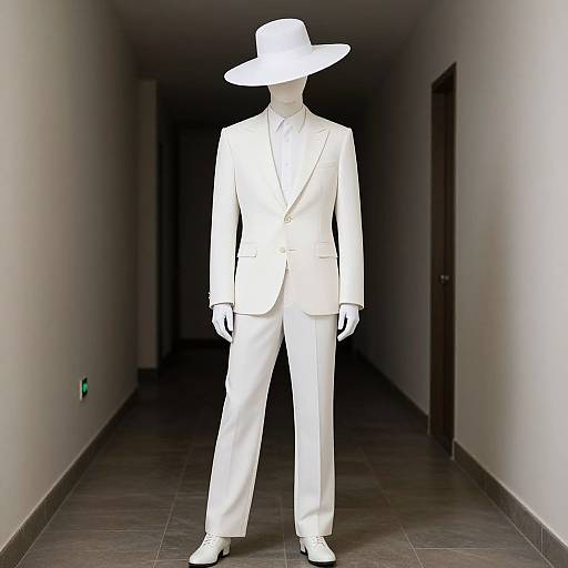 Photograph of a white mannequin in a white suit, white hat, and white shoes standing in a dimly lit, narrow hallway.