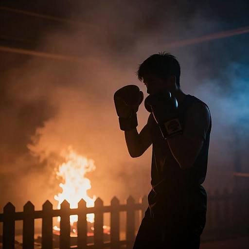 Silhouetted Boxer in Smoky Room with Firelight