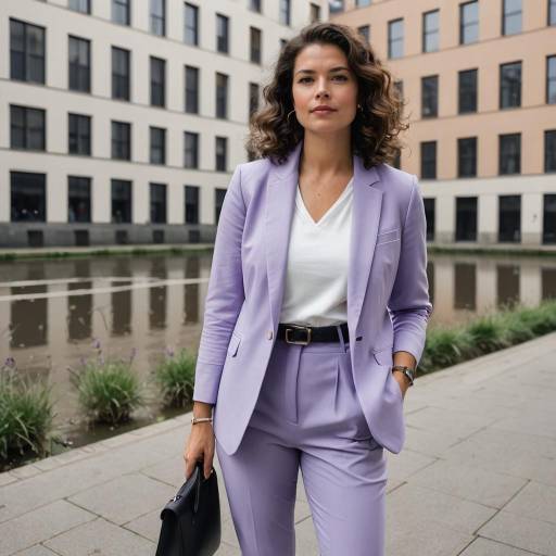 Confident Woman in Lavender Suit by Riverbank