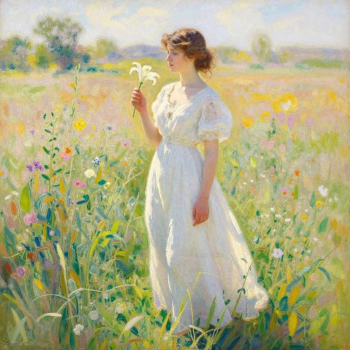 A delicate, fair-skinned woman in a white, lace dress stands in a sunlit, colorful meadow, holding a white flower. (Digital