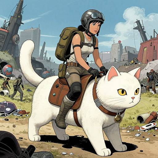 Digital artwork of a female soldier with helmet and backpack riding a white cat with saddle in a post-apocalyptic cityscape.