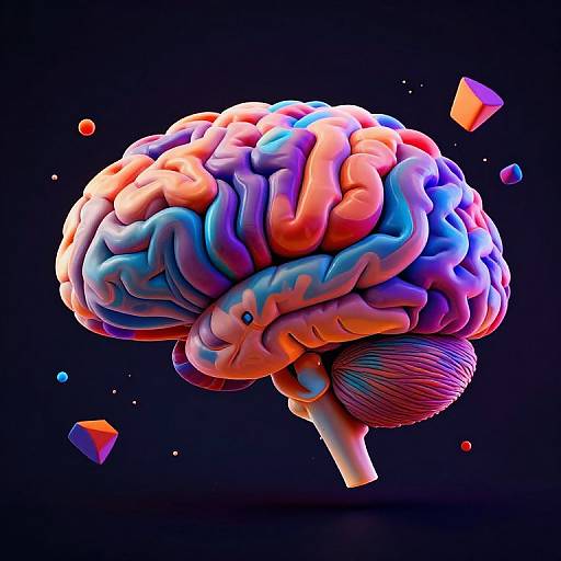 Digital CGI of a vibrant, multicolored brain with pink, blue, and orange hues floating against a dark background, surrounded by small, colorful geometric